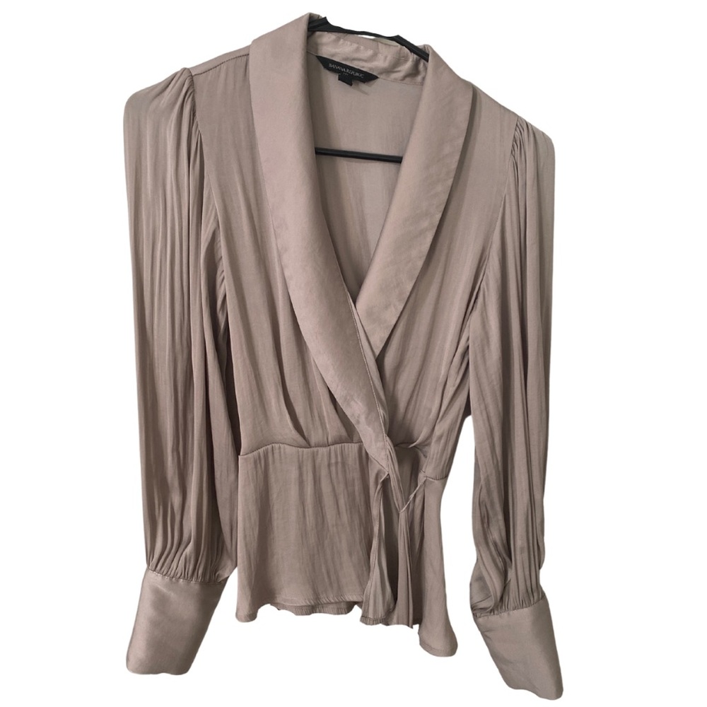 Banana Republic Tan Wrap Blouse with Puff Sleeves